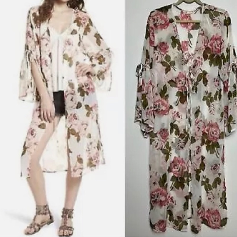 NWT Band Of Gypsies Boho Pink Floral Bell Sleeve Kimono Duster Women Size Large